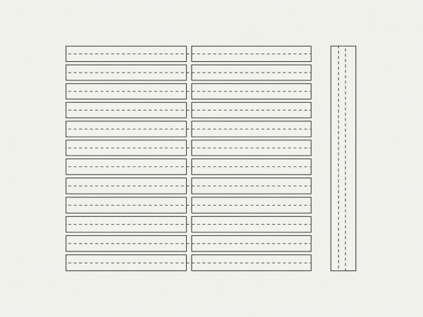 Flat vector lumber cut diagram showing twelve 2x6x8 cedar boards and one 4x4x10 post marked with cut lines for zero lumber waste.