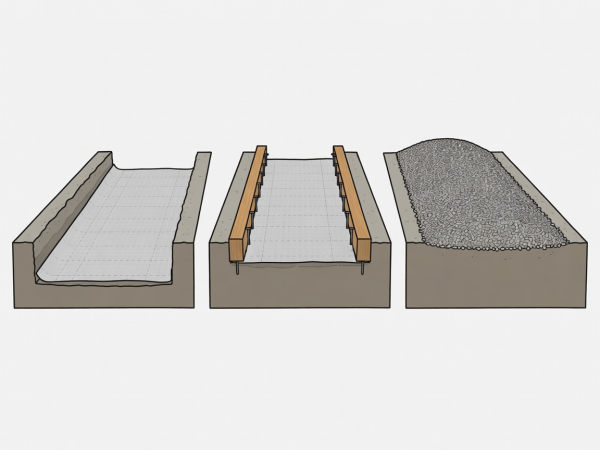 Flat vector diagram showing a 36-inch wide gravel walkway in three construction stages: excavated trench with geotextile fabric, pinned 4x4 timber rails, and compacted crushed stone crown.