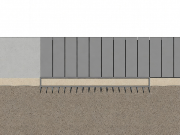 Flat vector cross-section showing existing concrete patio slab meeting a 9-inch paver border over 1 inch screed sand, 4 inches compacted road base, and spiked L-bracket edge restraint.