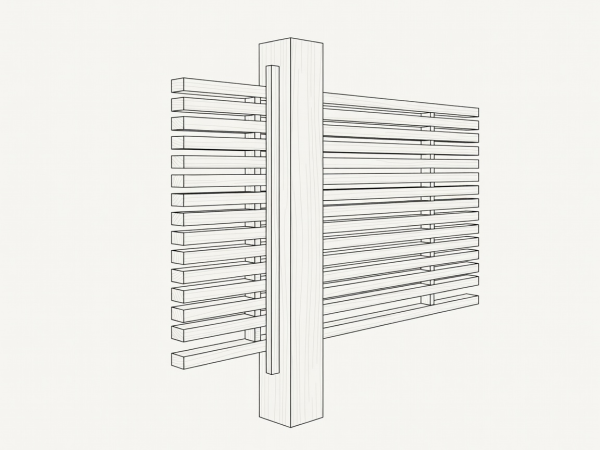 Flat vector detail of a 4x4 cedar post with a 1x2 vertical cleat strip and horizontal 1x4 slats spaced with a 3/4-inch scrap wood spacer block.