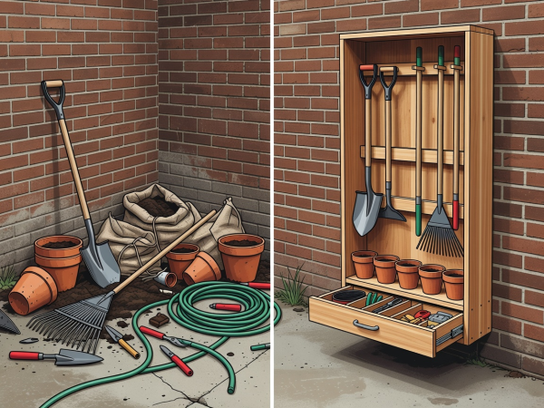 Flat vector split illustration showing cluttered patio corner before and organized vertical cedar tool locker with French cleat shovel hooks and potting shelf after.